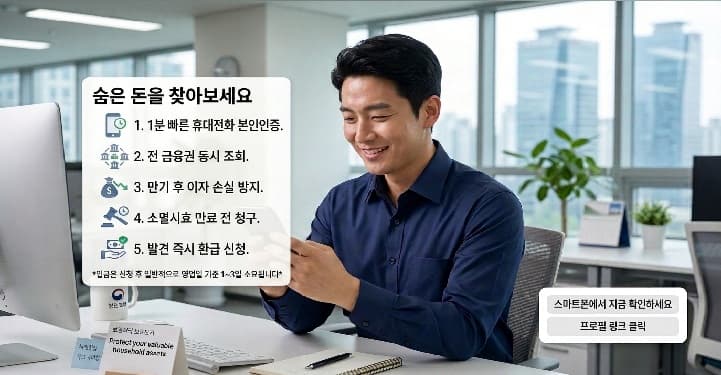 휴대폰 간편인증 1분, 전 금융사 일괄 조회, 만기 후 방치 시 이자 급감, 소멸시효 완성 전 청구, 발견 즉시 환급 신청