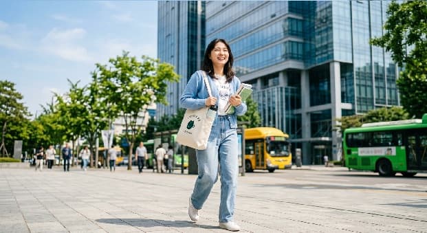 수요자 중심의 보편 복지 개편을 통해 안심을 더한 일상의 단면happy-korean-student-walking